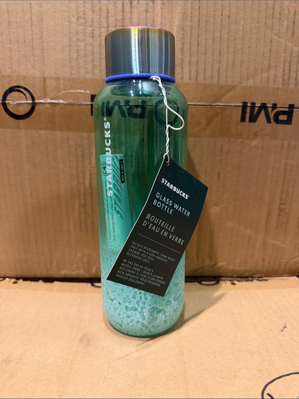Starbucks Green Glass Water Bottle with Iridescent Silver Cap